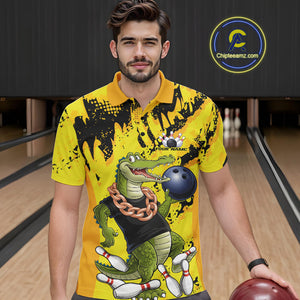 Custom Funny Alligator Bowling Polo Shirt For Men, Grunge Yelllow Bowling Team Jerseys IPHW9922