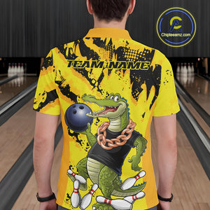 Custom Funny Alligator Bowling Polo Shirt For Men, Grunge Yelllow Bowling Team Jerseys IPHW9922
