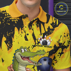 Custom Funny Alligator Bowling Polo Shirt For Men, Grunge Yelllow Bowling Team Jerseys IPHW9922