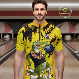 Custom Funny Alligator Bowling Quarter-Zip Shirt For Men, Grunge Yelllow Bowling Team Jerseys IPHW9922