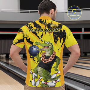 Custom Funny Alligator Bowling Quarter-Zip Shirt For Men, Grunge Yelllow Bowling Team Jerseys IPHW9922