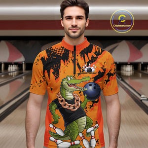 Custom Funny Alligator Bowling Quarter-Zip Shirt For Men, Grunge Orange Bowling Team Jerseys IPHW9923