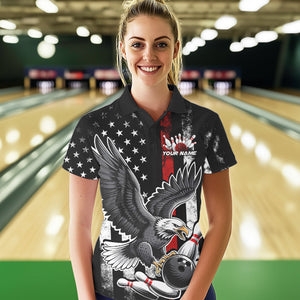Custom Red Line American Flag Eagle Bowling Women Polo Shirt, Patriotic US Bowling Shirt IPHW8939