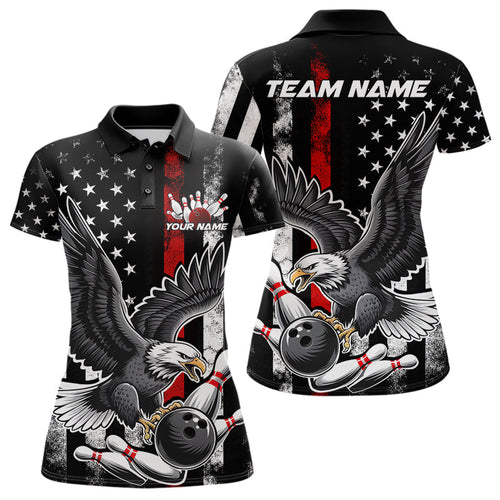 Custom Red Line American Flag Eagle Bowling Women Polo Shirt, Patriotic US Bowling Shirt IPHW8939