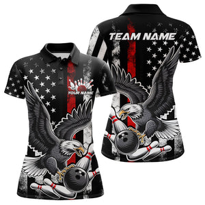 Custom Red Line American Flag Eagle Bowling Women Polo Shirt, Patriotic US Bowling Shirt IPHW8939