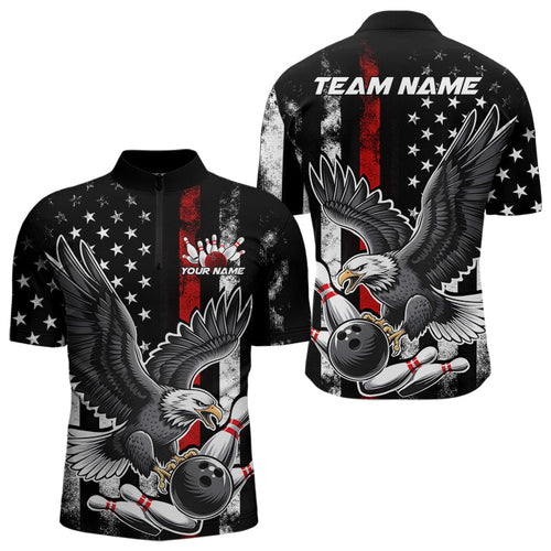 Custom Red Line American Flag Eagle Bowling Men Quarter-Zip Shirt, Patriotic US Bowling Shirt IPHW8939