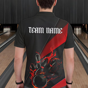 Custom Black And Red Flame Duckpin Bowling Team Men Polo Shirts, Duckpin Tournament Outfit IPHW8945
