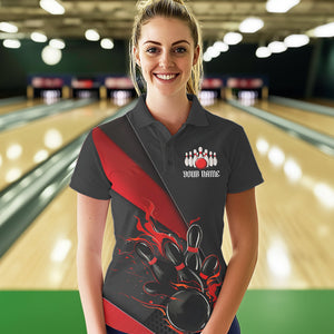 Custom Black And Red Flame Duckpin Bowling Team Women Polo Shirt, Duckpin Tournament Outfit IPHW8945