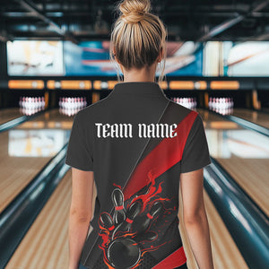 Custom Black And Red Flame Duckpin Bowling Team Women Polo Shirt, Duckpin Tournament Outfit IPHW8945