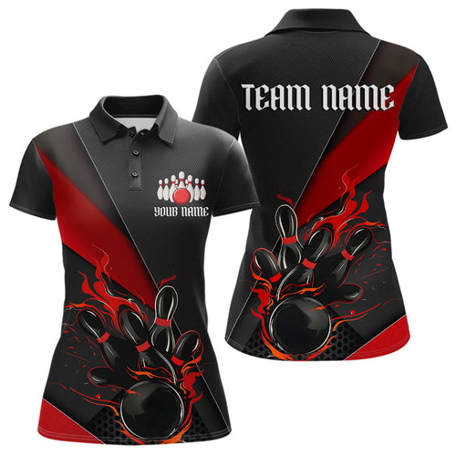 Custom Black And Red Flame Duckpin Bowling Team Women Polo Shirt, Duckpin Tournament Outfit IPHW8945