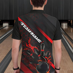 Custom Black And Red Flame Duckpin Bowling Polo Shirts For Men, Bowling Team League Shirt IPHW8947