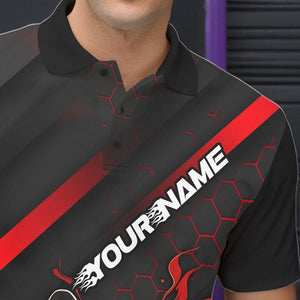 Custom Black And Red Flame Duckpin Bowling Polo Shirts For Men, Bowling Team League Shirt IPHW8947