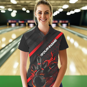 Custom Black And Red Flame Duckpin Bowling Polo Shirts For Women, Bowling Team League Shirt IPHW8947