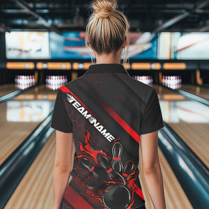 Custom Black And Red Flame Duckpin Bowling Polo Shirts For Women, Bowling Team League Shirt IPHW8947