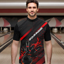 Load image into Gallery viewer, Custom Black And Red Flame Duckpin Bowling Quarter-Zip Shirts For Men, Bowling Team League Shirt IPHW8947