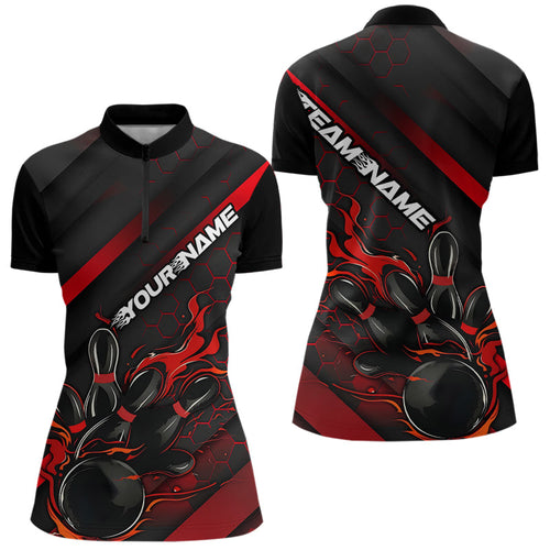 Custom Black And Red Flame Duckpin Bowling Women Quarter-Zip Shirts, Bowling League Shirt IPHW8947