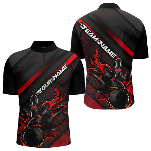 Custom Black And Red Flame Duckpin Bowling Quarter-Zip Shirts For Men, Bowling Team League Shirt IPHW8947