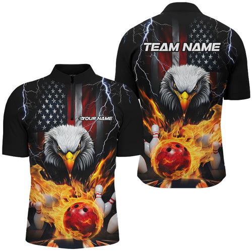Thunder Lightning US Flag Custom Patriotic Bowling Shirts For Men, Flame Eagle Bowling Shirt IPHW7582