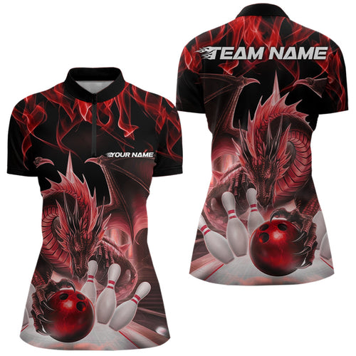 Custom Red Flame Dragon Bowling Quarter-Zip Shirts For Women, Dragon Bowling Team Jerseys IPHW8960