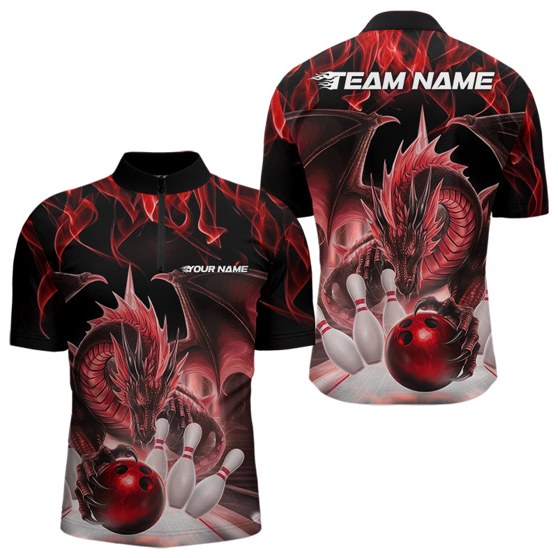 Custom Red Flame Dragon Bowling Quarter-Zip Shirts For Men, Dragon Bowling Team Jerseys IPHW8960