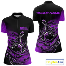 Load image into Gallery viewer, Custom Black And Purple Flame Bowling Women Quarter-Zip Shirts, Team Bowling League Shirt IPHW9778