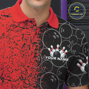 Custom Black And Red Splatter Bowling Ball Pattern Bowling Team Polo Shirts For Men IPHW9790