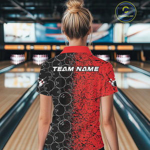 Custom Black And Red Splatter Bowling Ball Pattern Bowling Team Polo Shirts For Women IPHW9790