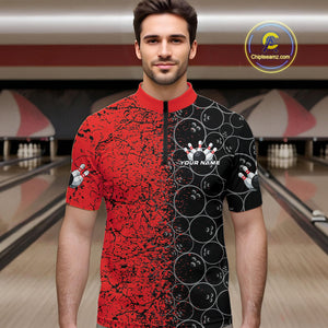 Custom Black And Red Splatter Bowling Ball Pattern Bowling Team Quarter-Zip Shirts For Men IPHW9790