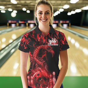 Custom Black Red Flame Scorpio Zodiac Bowling Women Polo Shirts, Scorpion Bowler Outfit IPHW8973