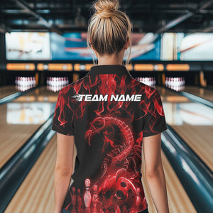 Custom Black Red Flame Scorpio Zodiac Bowling Women Polo Shirts, Scorpion Bowler Outfit IPHW8973