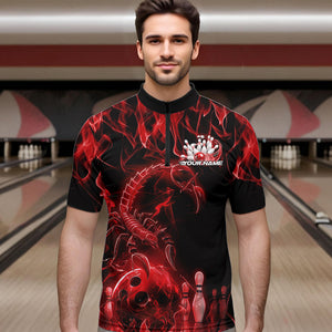 Custom Black And Red Flame Scorpio Zodiac Bowling Men Quarter-Zip Shirts, Scorpion Bowler Outfit IPHW8973