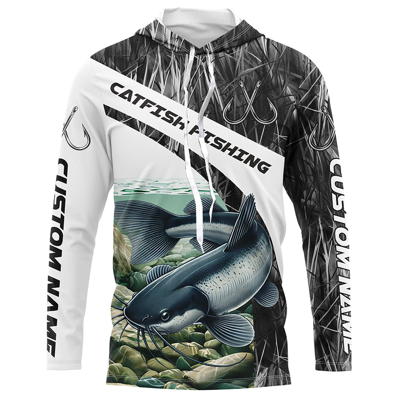 Gray Camo Custom Catfish Fishing Long Sleeve Fishing Shirts, Catfish Fishing Jerseys IPHW7016