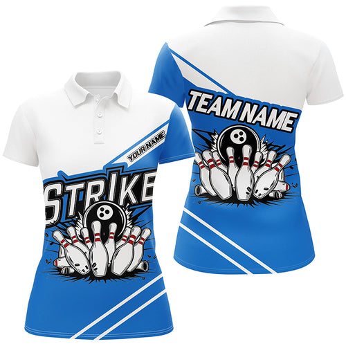 Blue Strike Bowling Shirts For Women, Custom Team Name Bowling Jerseys Bowlers Outfits IPHW6691