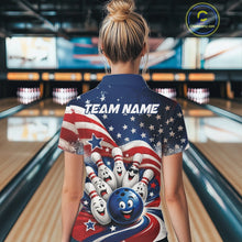Load image into Gallery viewer, Back view of a female model wearing a bowling quarter zip shirt showcasing a cheerful bowling ball with animated pins, flowing American flag waves, and scattered stars in a bowling lane.