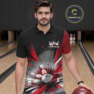 Custom Black And Red Grunge Bowling Ball And Pins Explosion Team Polo Shirts For Men IPHW9547