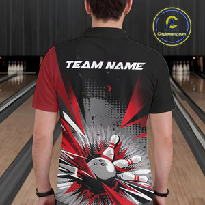Custom Black And Red Grunge Bowling Ball And Pins Explosion Team Polo Shirts For Men IPHW9547