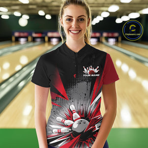 Custom Black And Red Grunge Bowling Ball And Pins Explosion Team Women Quarter-Zip Shirt IPHW9547