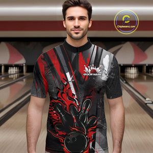 Custom Grunge Black And Red Fire Flame Bowling Quarter-Zip Shirts For Men, Bowling Team Uniform IPHW9555