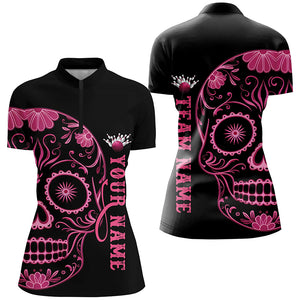 Pink Sugar Skull Tattoo Custom Ladies Team Bowling Polo Shirts, Halloween Team Bowling Jerseys IPHW6712
