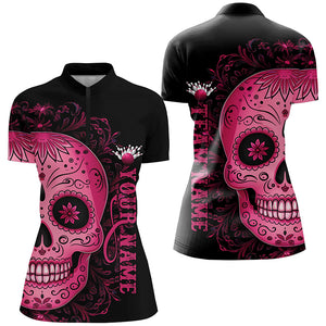 Pink Sugar Skull Tattoo Custom Ladies Team Bowling Polo Shirts, Halloween Team Bowling Jerseys IPHW6713