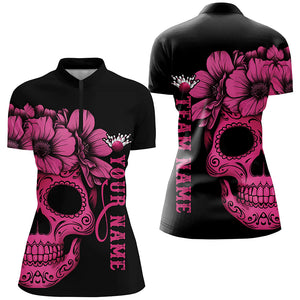 Pink Sugar Skull Tattoo Custom Ladies Team Bowling Polo Shirts, Halloween Team Bowling Jerseys IPHW6714