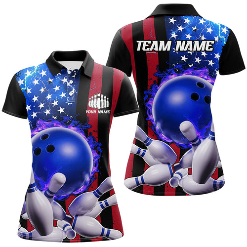 American Flag Thunder Lightning Flame Bowling Ball Custom Women Bowling Team Shirts IPHW6718