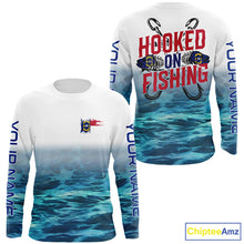 Load image into Gallery viewer, Personalized North Carolina Flag Long Sleeve Fishing Shirts, Hooked On Fishing Nc Fishing Shirt IPHW7033