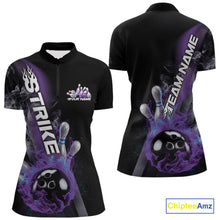 Load image into Gallery viewer, Custom Blue And Purple Flame Strike Bowling Women Quarter-Zip Shirt, Fire Bowling Jersey IPHW9572