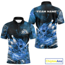 Load image into Gallery viewer, Custom Blue Fire Flame Skull Bowling Polo Shirts For Men, Halloween Bowling Outfits IPHW9576