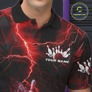 Custom Red Thunder Lightning Bowling Team Polo Shirts For Men, Red Bowling Jerseys IPHW9581