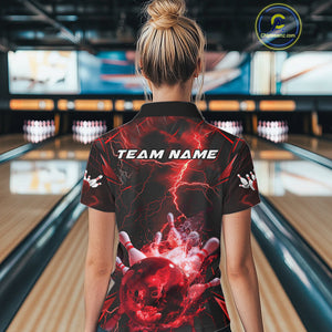 Custom Red Thunder Lightning Bowling Team Polo Shirts For Women, Red Bowling Jerseys IPHW9581