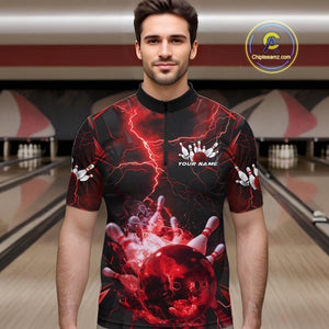 Custom Red Thunder Lightning Bowling Team Quarter-Zip Shirts For Men, Red Bowling Jerseys IPHW9581