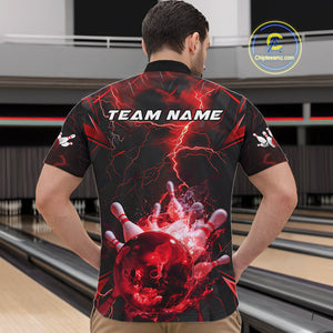 Custom Red Thunder Lightning Bowling Team Quarter-Zip Shirts For Men, Red Bowling Jerseys IPHW9581