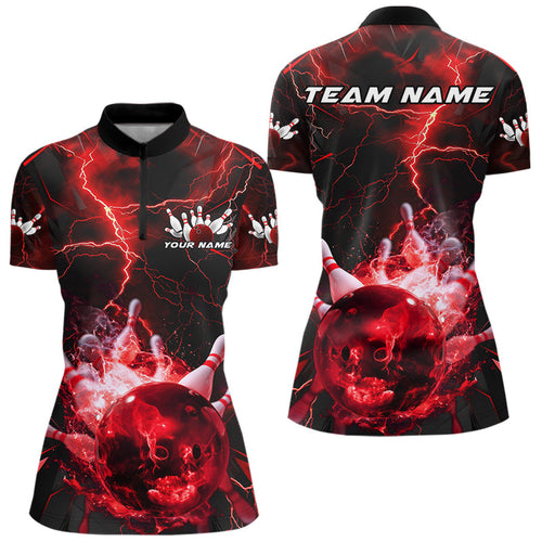 Custom Red Thunder Lightning Bowling Team Women Quarter-Zip Shirt, Red Bowling Jerseys IPHW9581